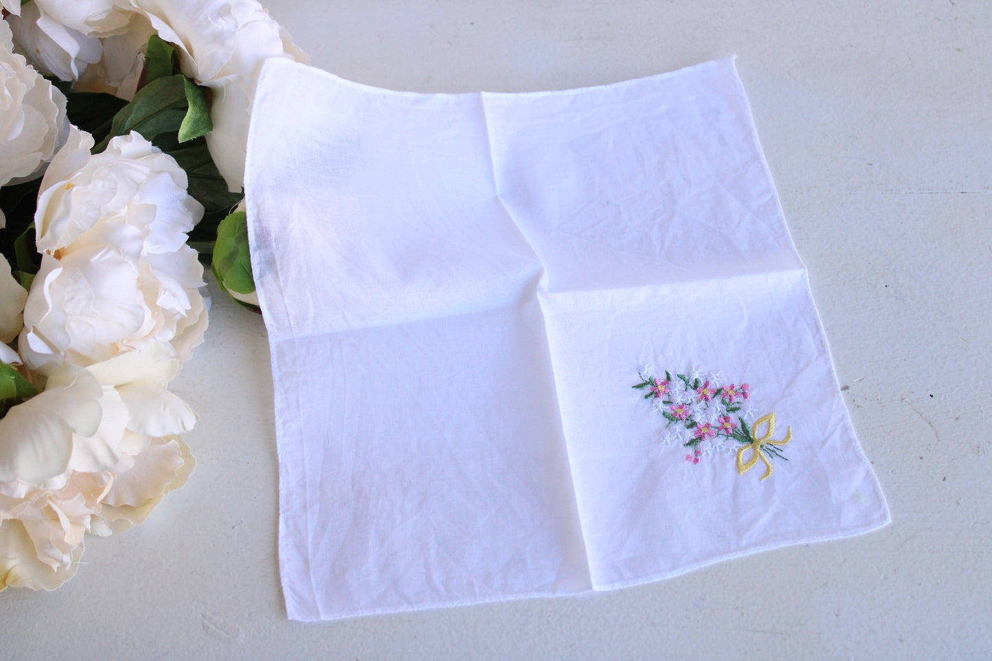 Vintage White Linen Floral Embroidered Hankie