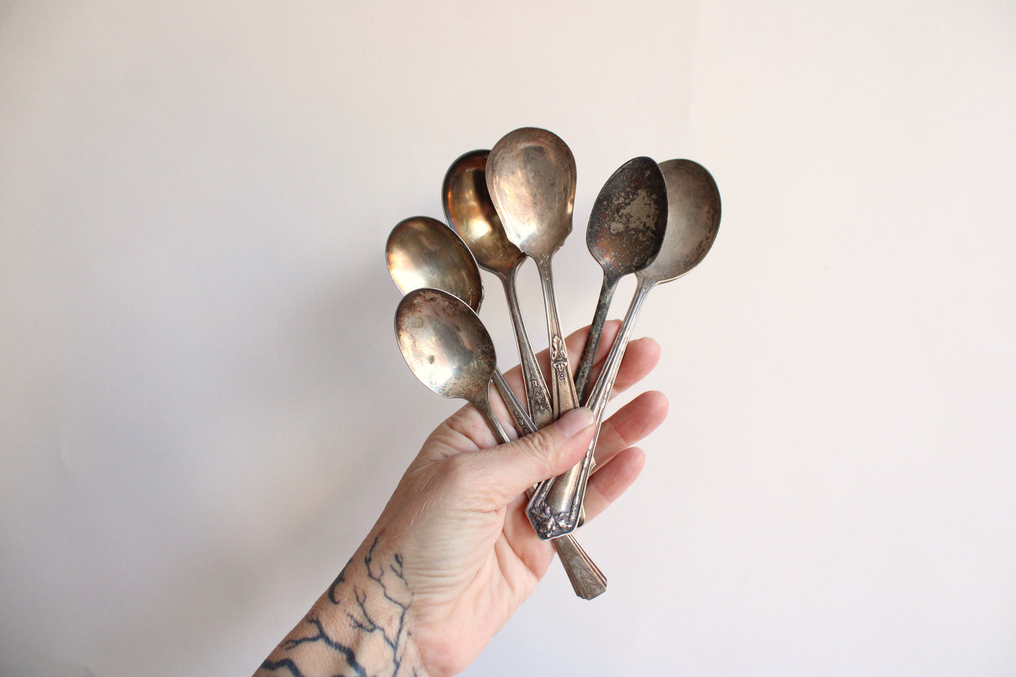 Vintage Silver Plate Spoon Set Of Six, Various Patterns And Makers