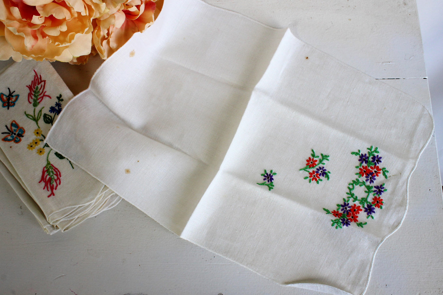 Vintage 1960s Linen Tea Towels, Embroidered With Flowers, Birds, Butterflies