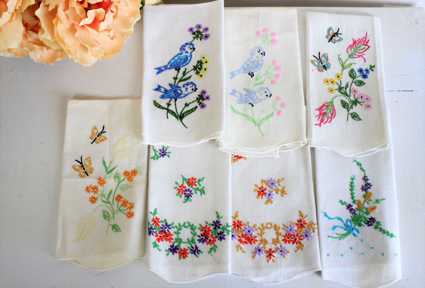Vintage 1960s Linen Tea Towels, Embroidered With Flowers, Birds, Butterflies
