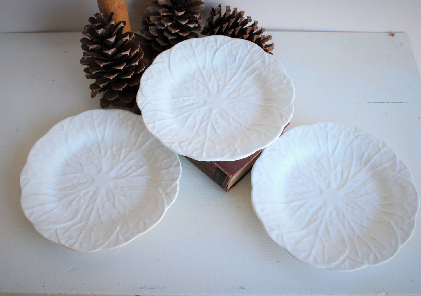 Set of Three White Vintage Leaf Pattern Plates