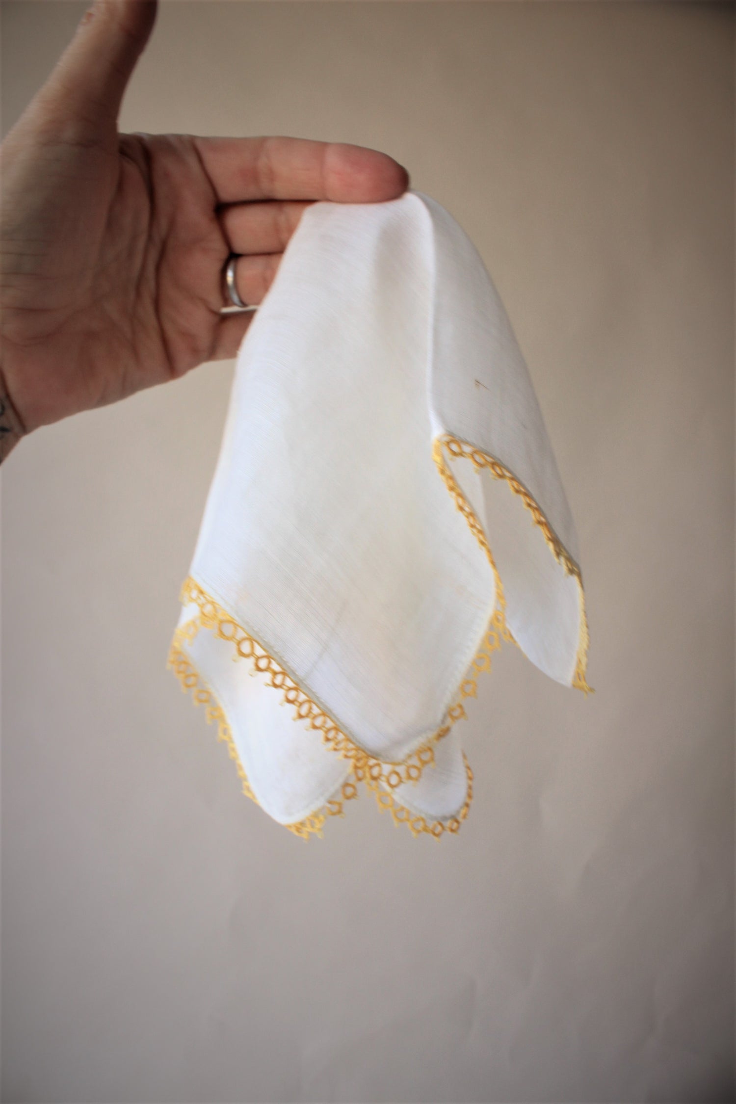 Vintage 1950s Linen Handkerchief With Yellow Trim