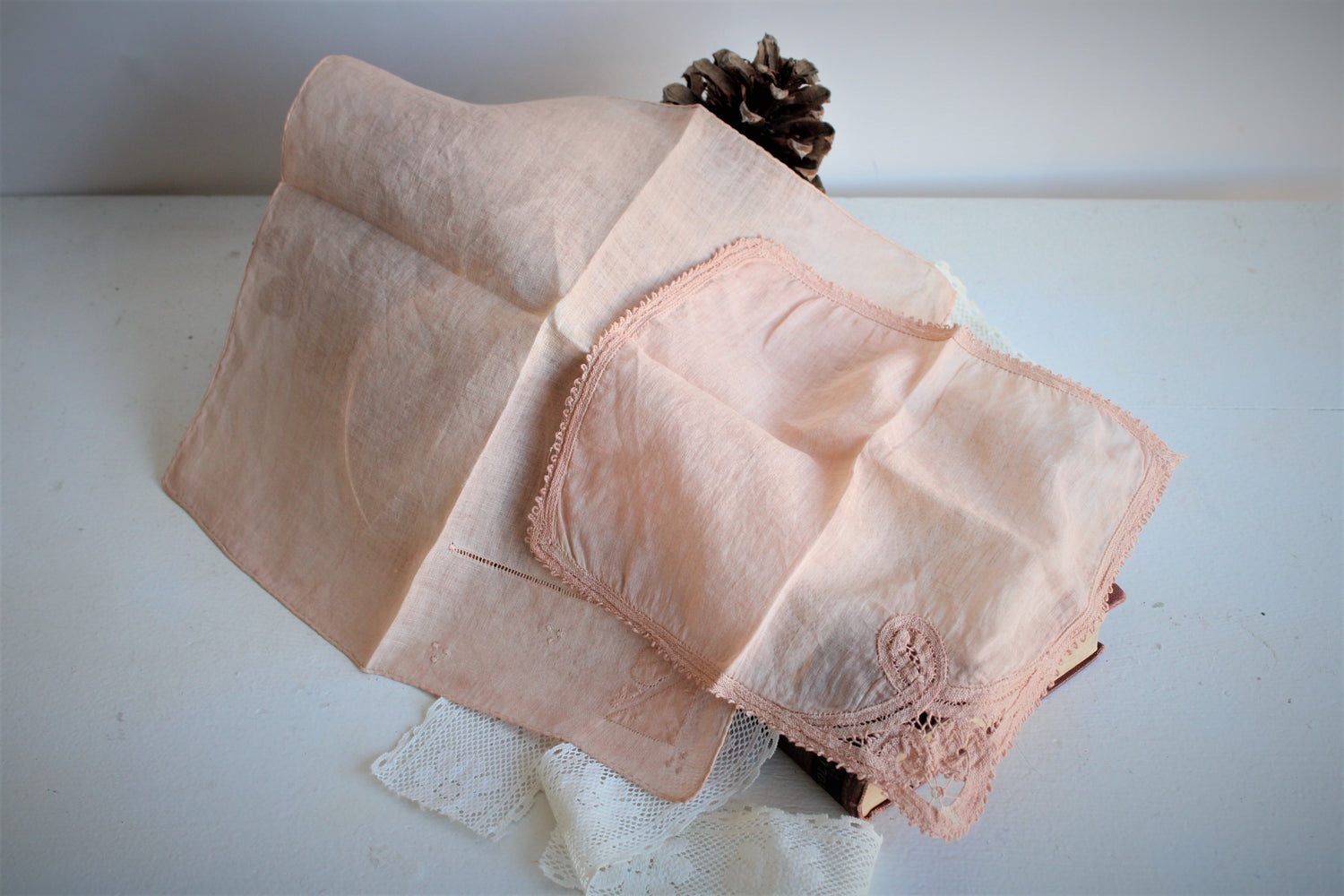 Set of Two Hand Plant Dyed Vintage Handkerchiefs in Salmon Pink
