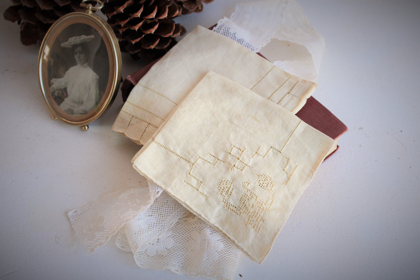 Set of Two Hand Plant Dyed Vintage Handkerchiefs in Dusty Ivory