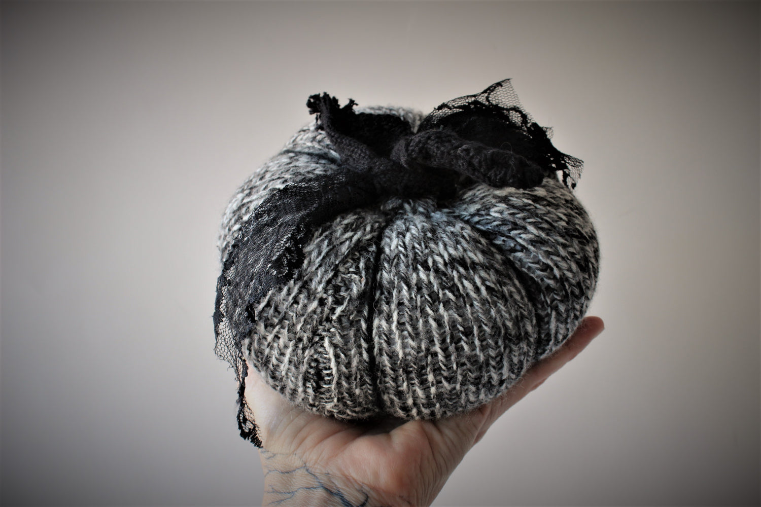 Pumpkin PIllow in Gray, Black and White, Embellished with Black Lace, Tattered Stem