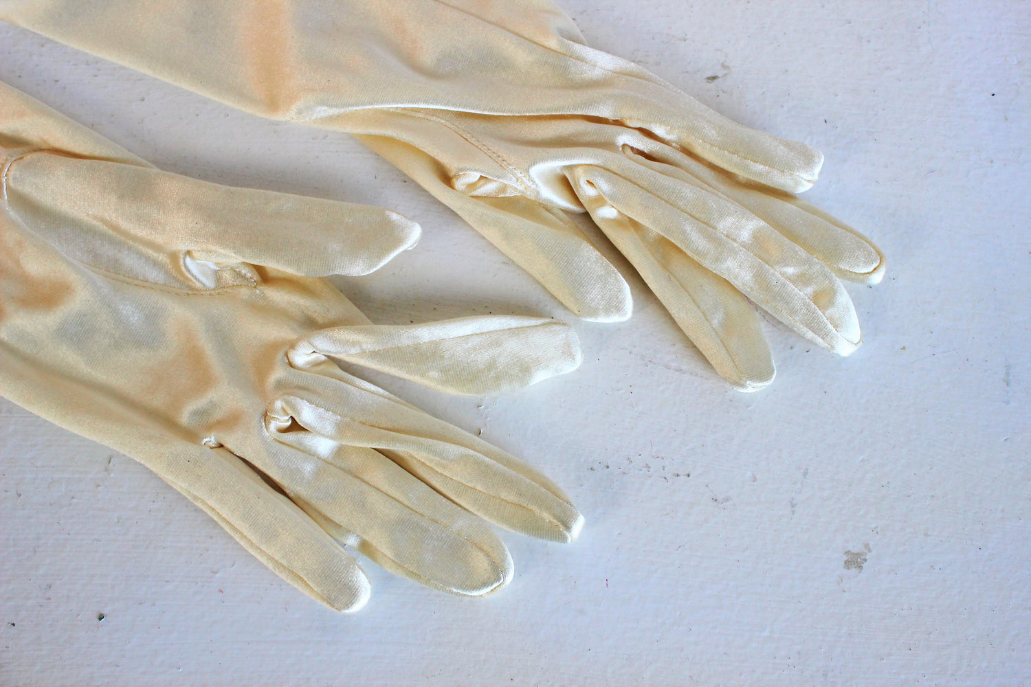 Vintage 1960s Ivory Stretch Satin Above the Elbow Length Gloves