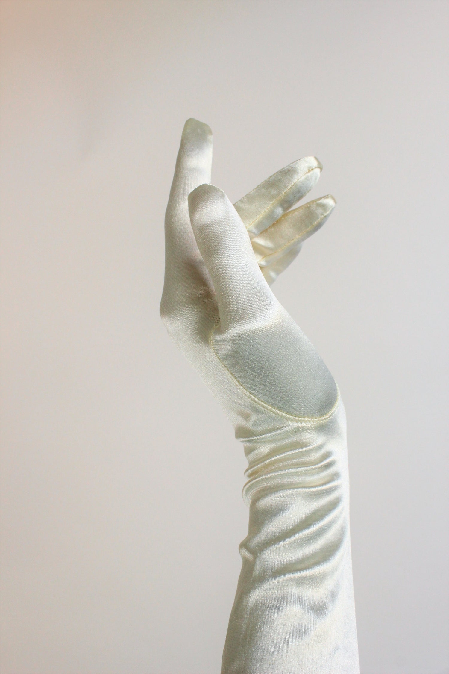 Vintage 1960s Ivory Stretch Satin Above the Elbow Length Gloves