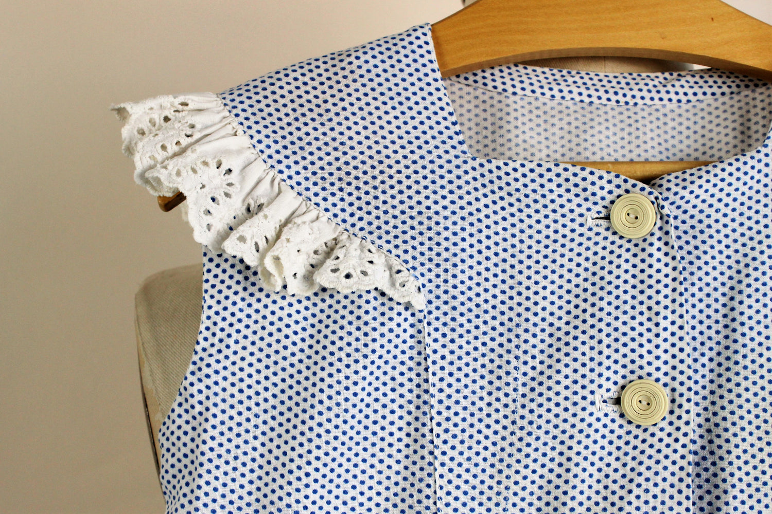 Vintage 1950s Blue And White Polkadot Cotton Baby Girl's Frock