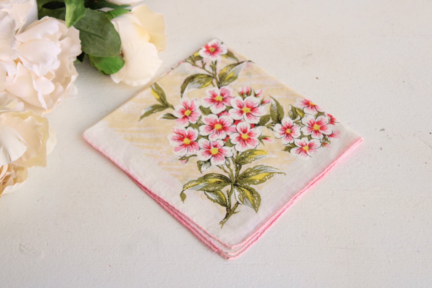 Vintage Pink and Yellow Floral Handkerchief