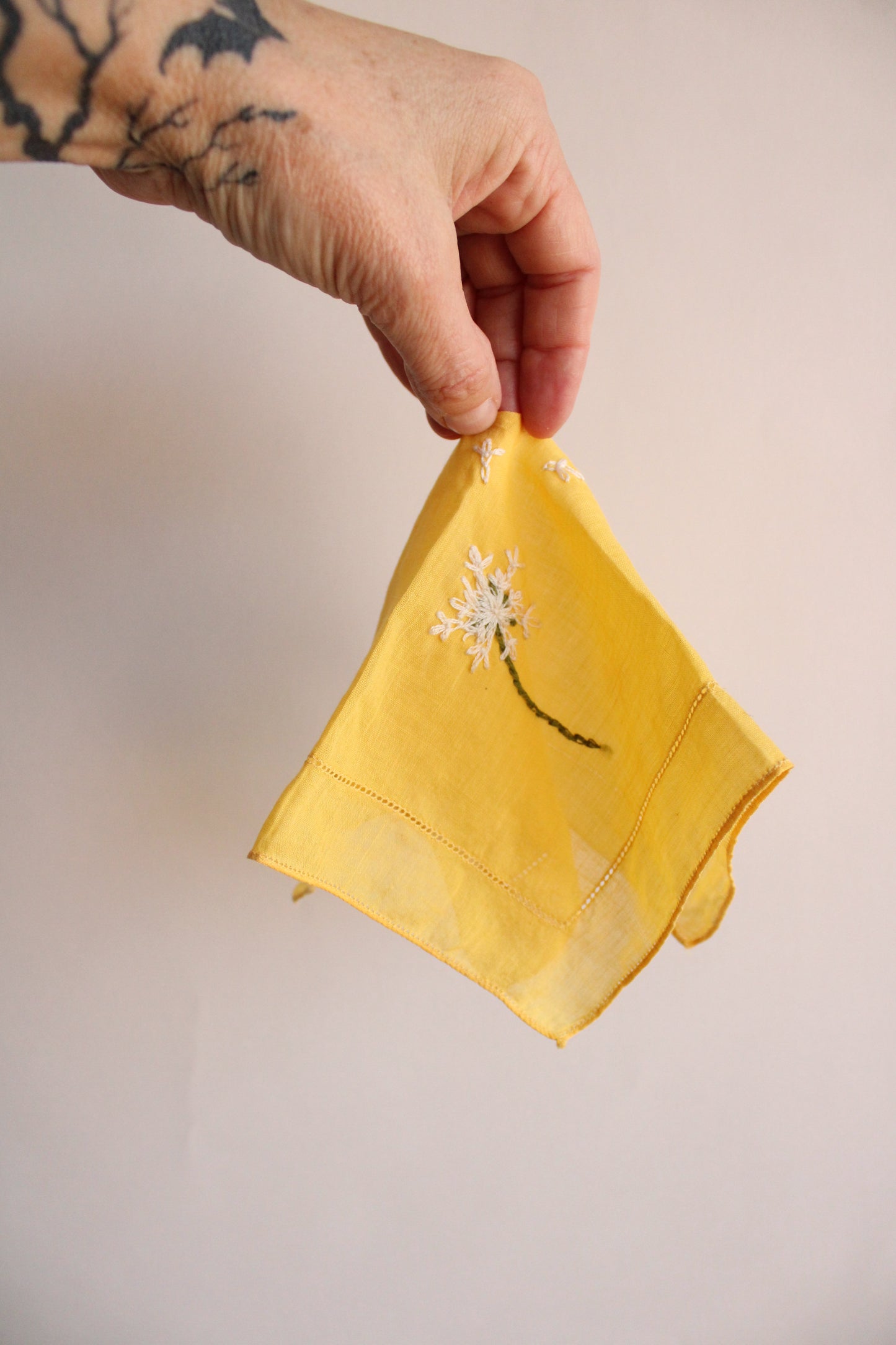 Hand Embroidered Dandelions on a Vintage Yellow Cotton Hanky