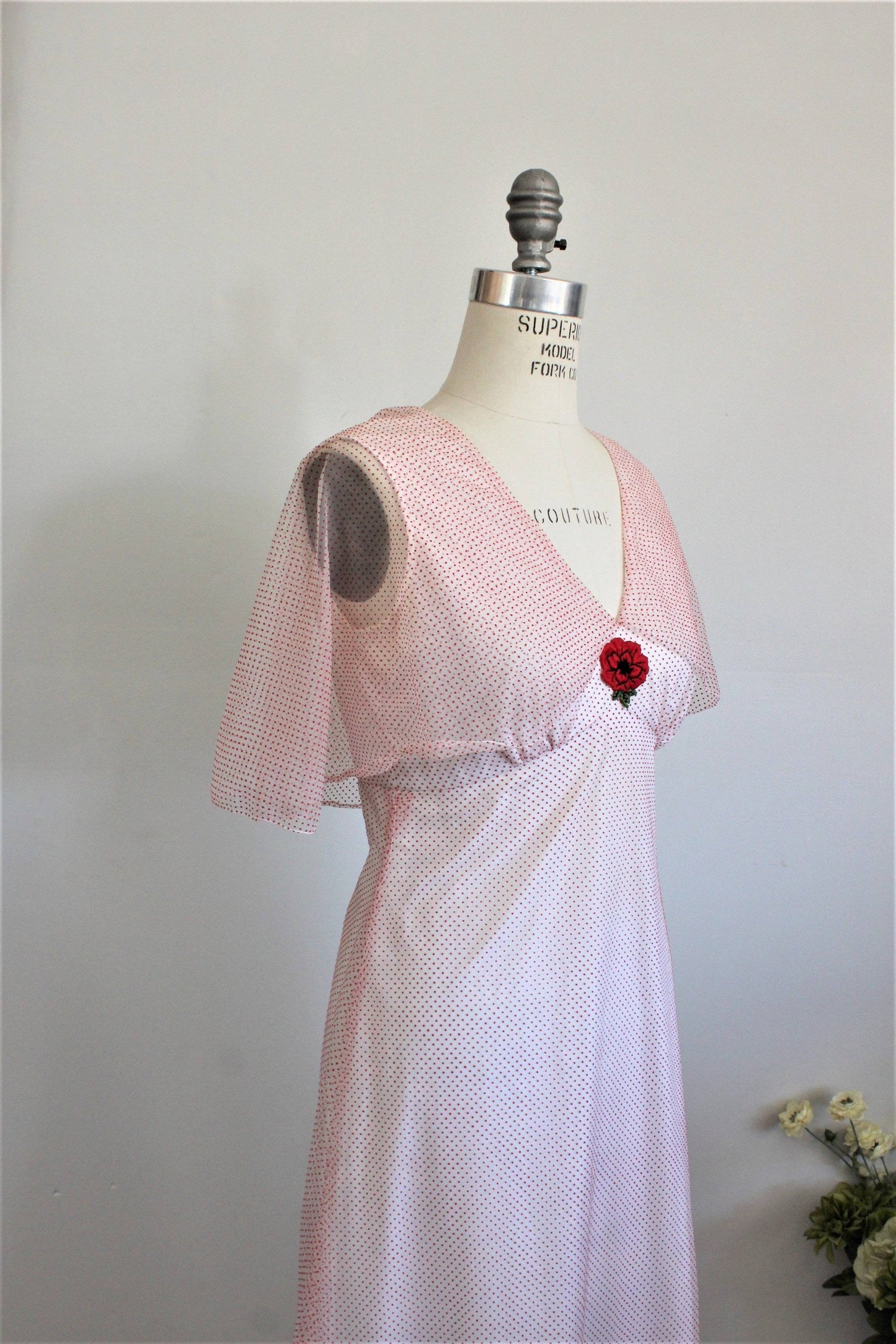 Vintage 1960s Full Length Party Dress, Red and White Polkadots-Toadstool Farm Vintage-1940s Dress,40s Clothing,40s Dress,40s Formal Dress,Full Length Dress,Metal Zipper,Party DRess,Polka Dots,Polkadot,Red and White,Ruffled Hem,Vintage,Vintage Clothing,Vintage Dress,Vintage Dresses