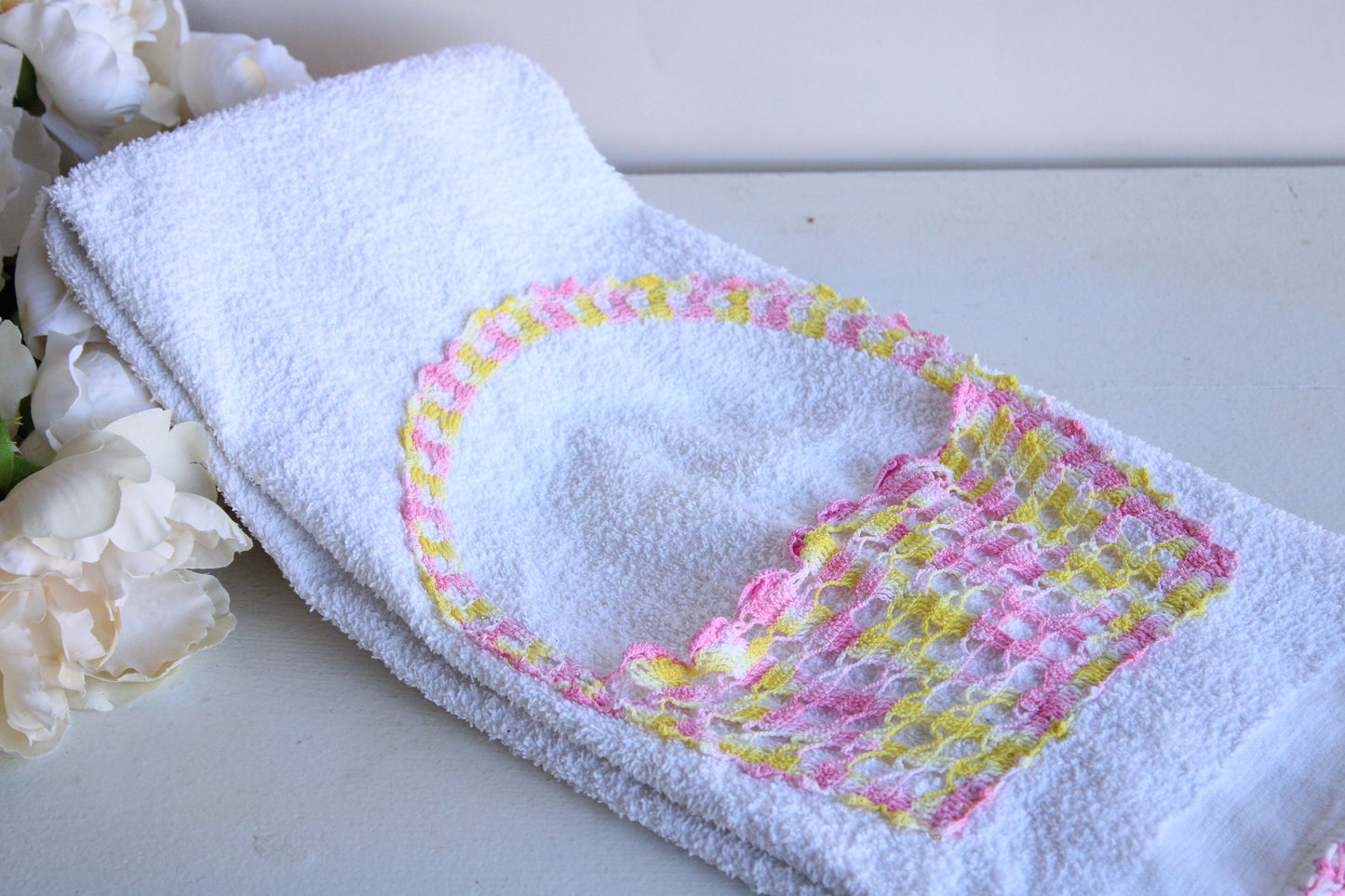 Vintage 1980s Cone Terrycloth Towel With Crochet Flower Basket Pocket
