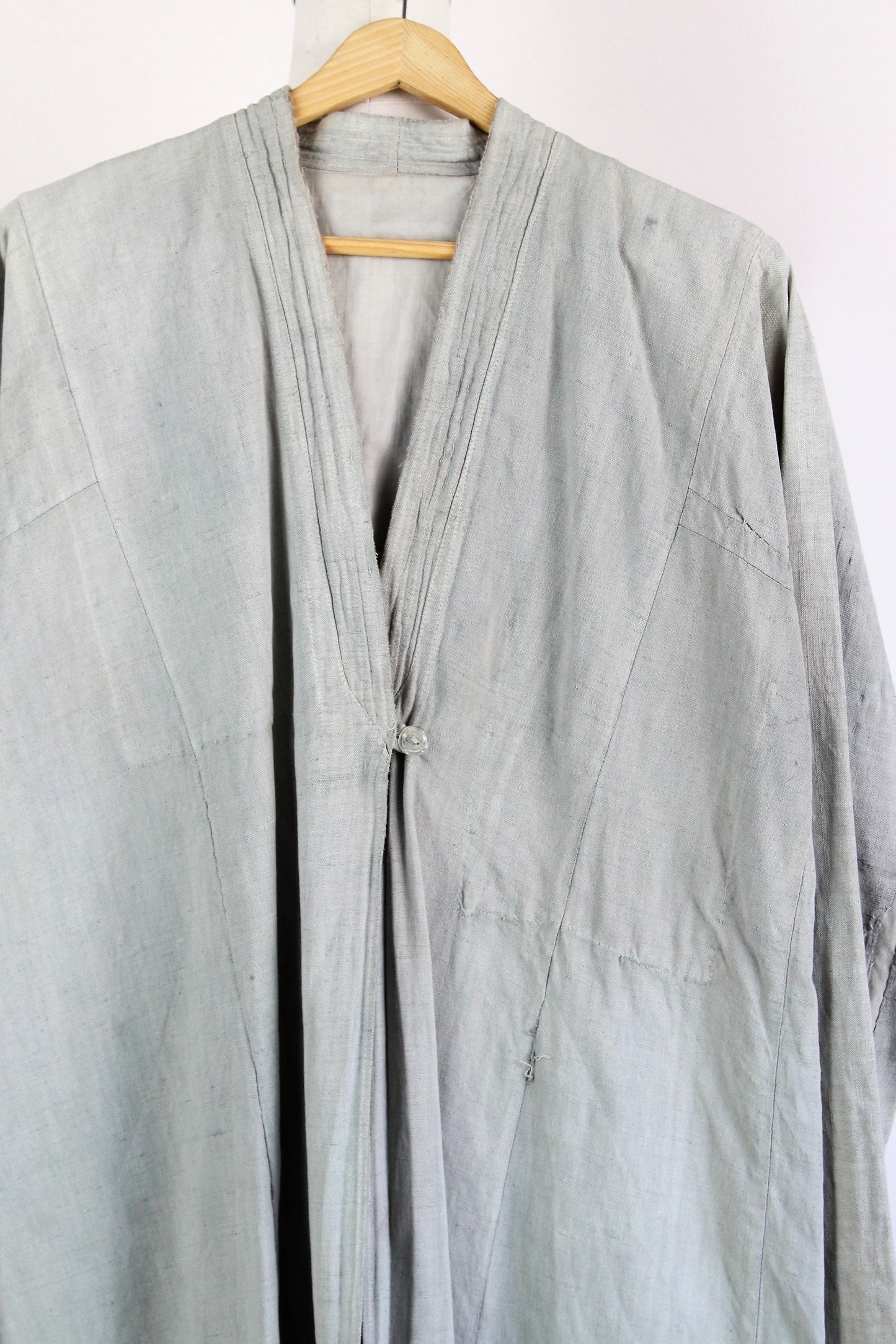 Vintage Long Oriental Shirt Or Jacket In Gary Green Linen
