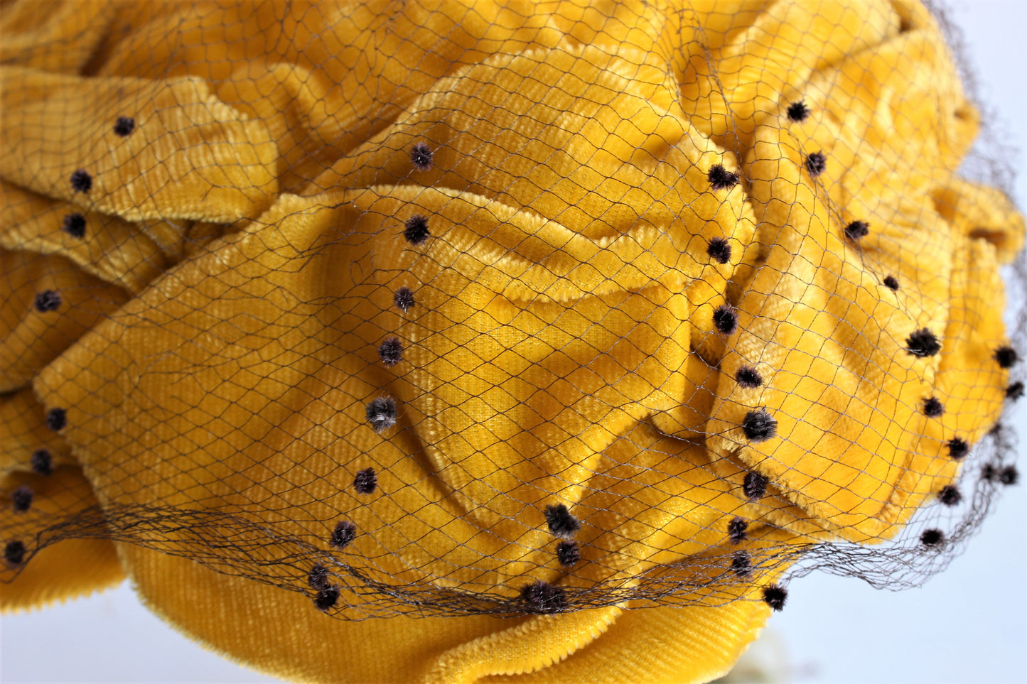 Vintage 1960s Yellow Velvet Hat With Brown Velvet Bow and Netting
