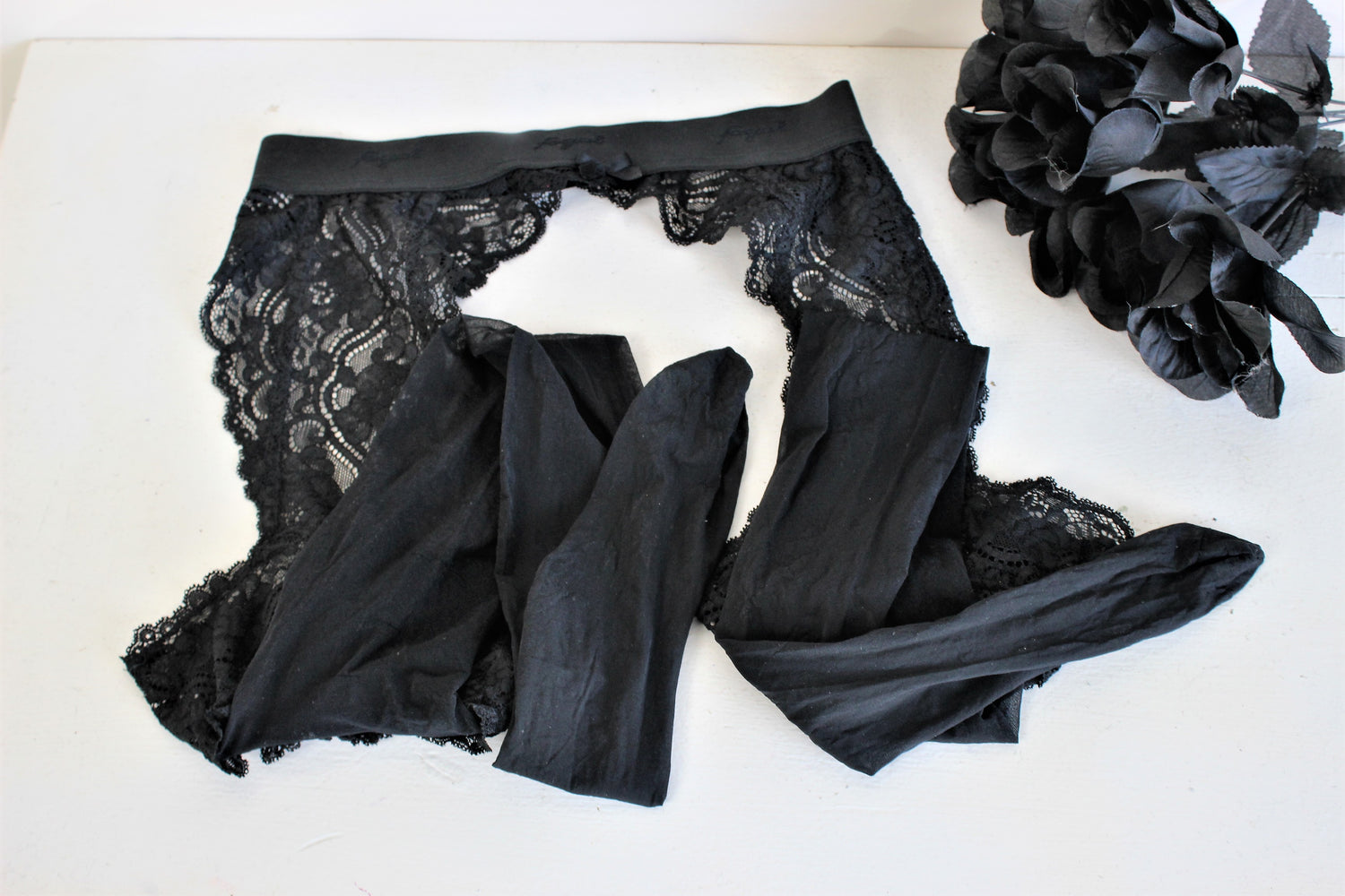Vintage 1990s Black Lace Garter Belt And Stockings By Fogal 