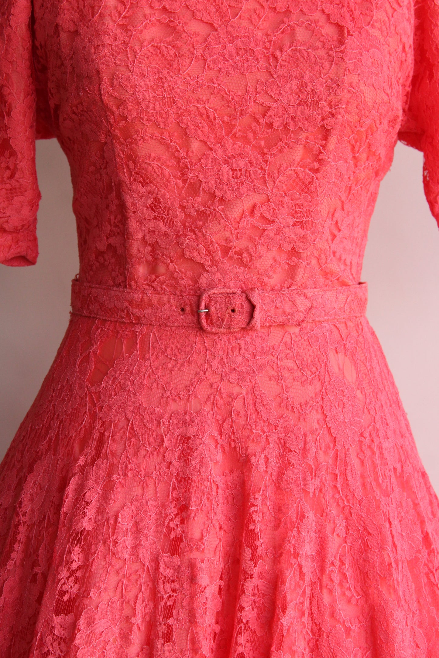 Vintage 1940s 1950s Pink Lace Dress With Belt by Jack Kopp