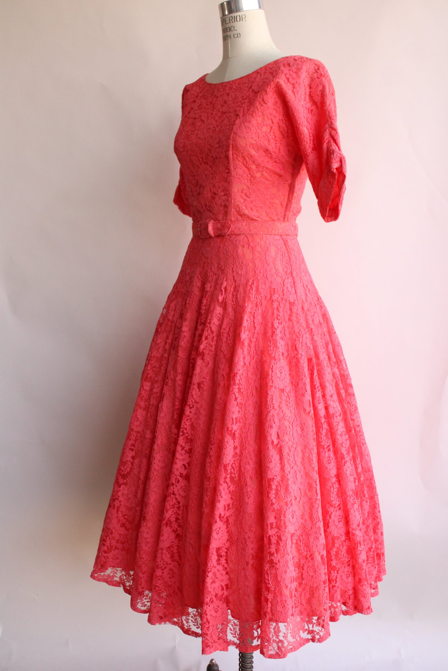 Vintage 1940s 1950s Pink Lace Dress With Belt by Jack Kopp