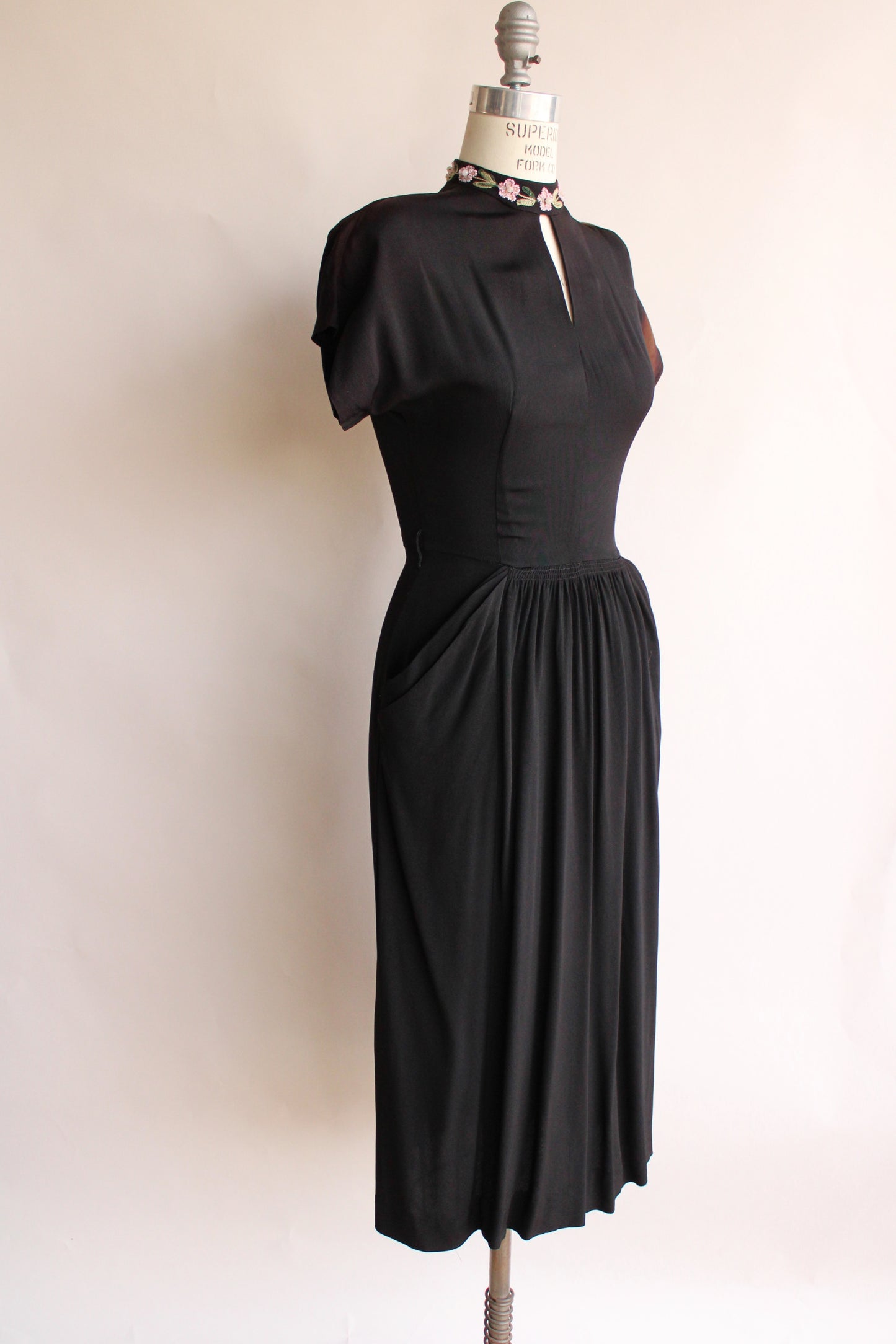 Vintage 1940s Black Dress with Floral Beading
