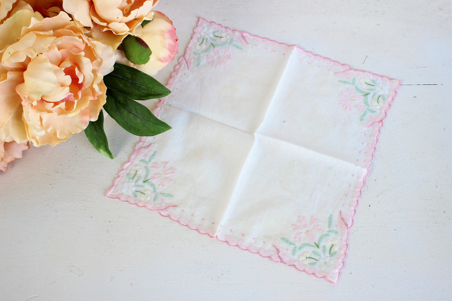Vintage Handkerchief / White Cotton With Pink and Green Cutwork Flowers