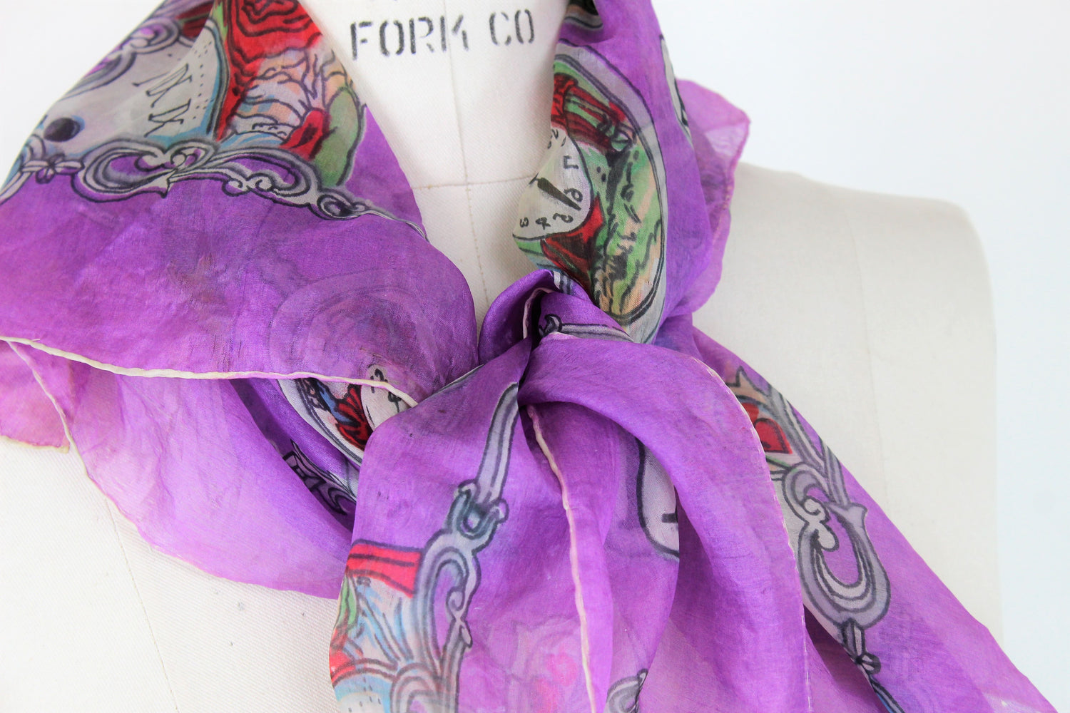 Vintage 1940s Novelty Print Collectible Scarf with Clocks 