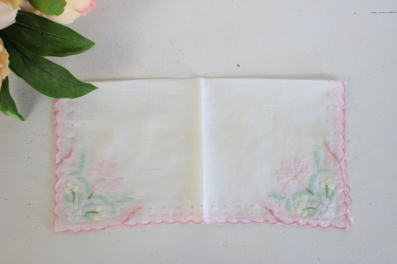 Vintage Handkerchief / White Cotton With Pink and Green Cutwork Flowers