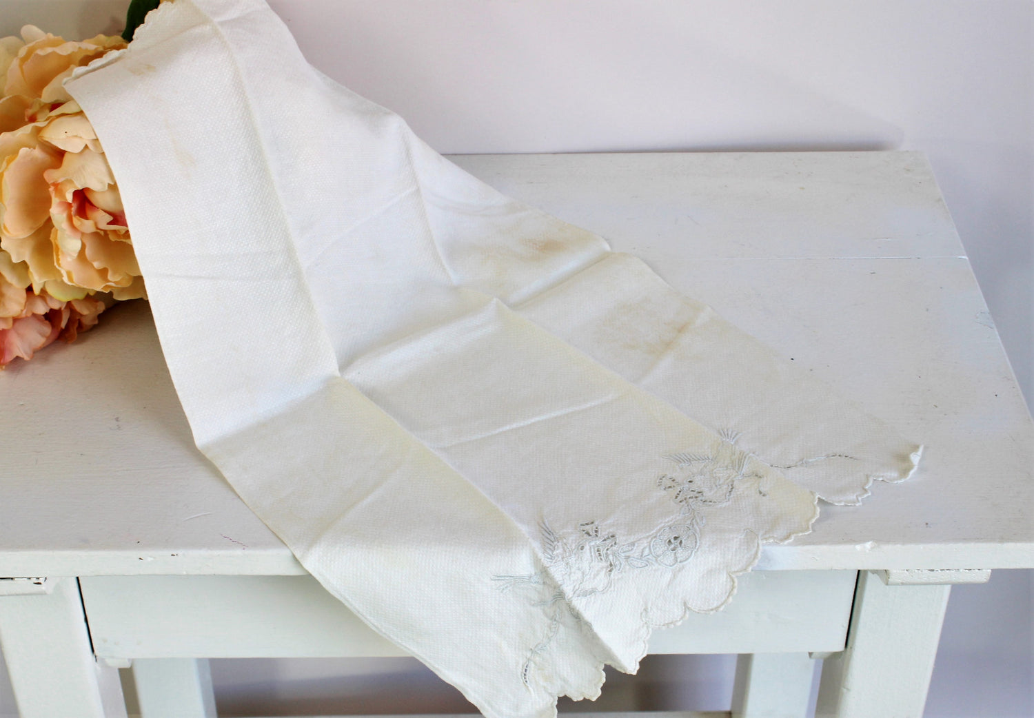 Vintage White Damask Towel With Embroidered Birds And Cutwork