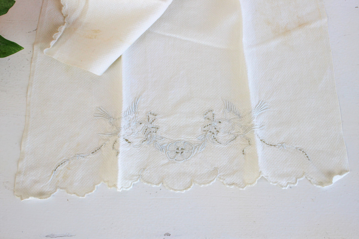 Vintage White Damask Towel With Embroidered Birds And Cutwork
