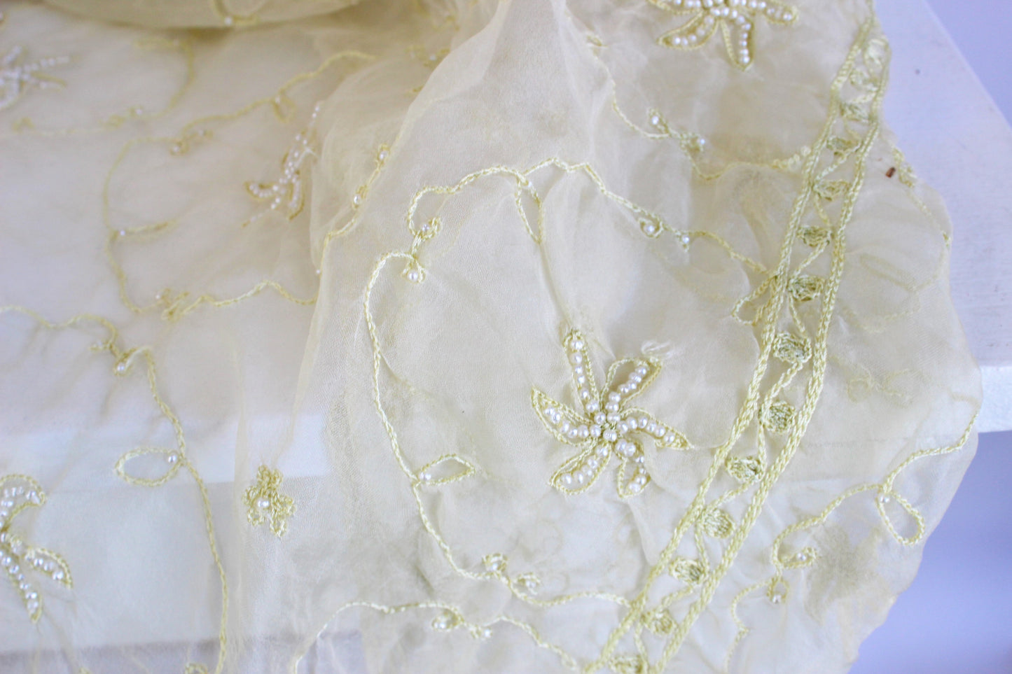 Vintage 1990s Indian Green Organza or Organdy Square Tablecloth With Pearls And Floral Embroidery