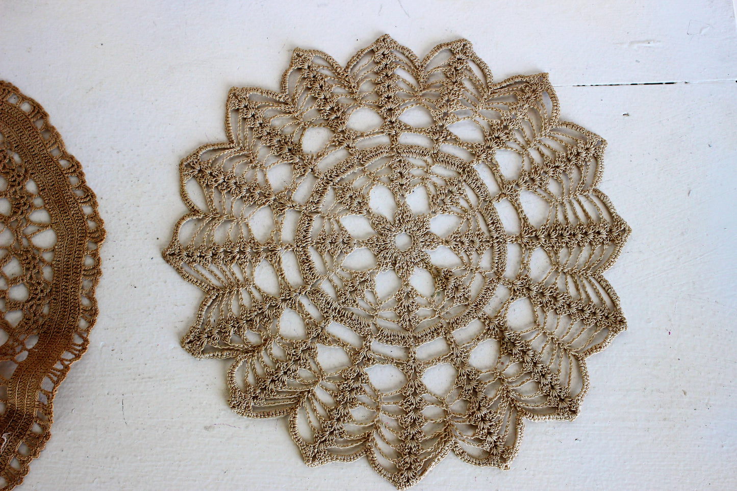 Vintage Beige Crochet Doilies, Set of Three