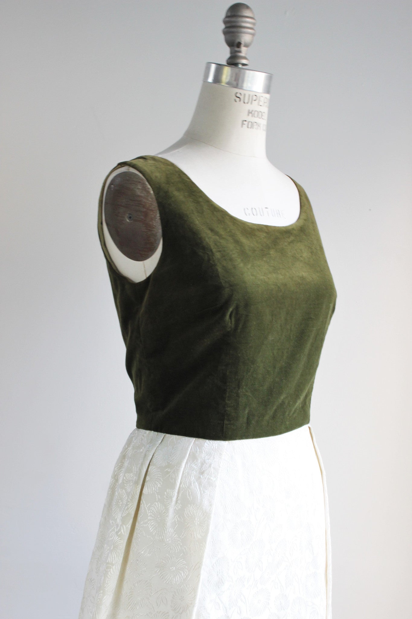 Vintage 1960s Party Dress, Dark Green Velvet Bodice White Damask Skirt