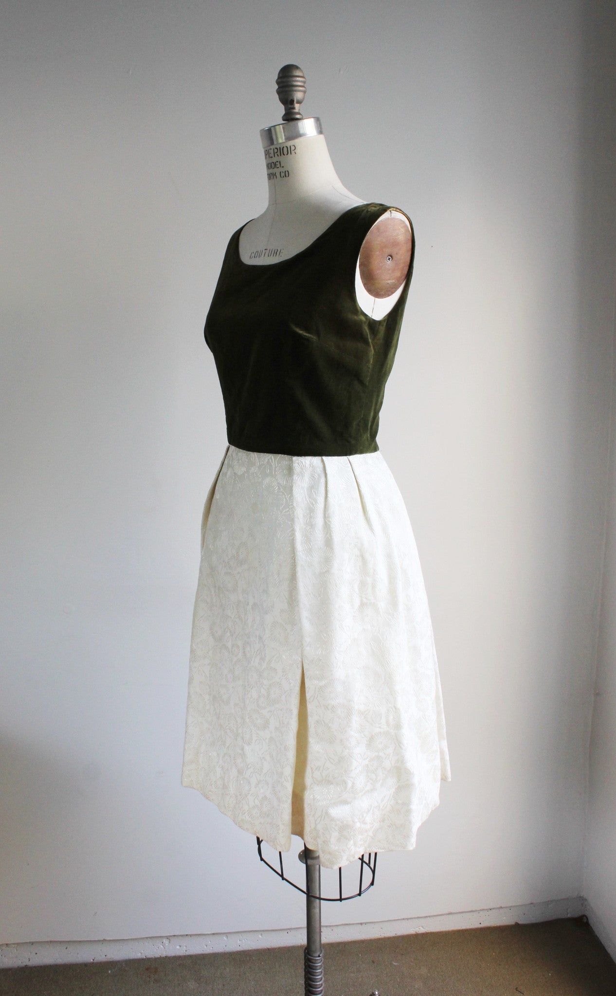Vintage 1960s Party Dress, Dark Green Velvet Bodice White Damask Skirt