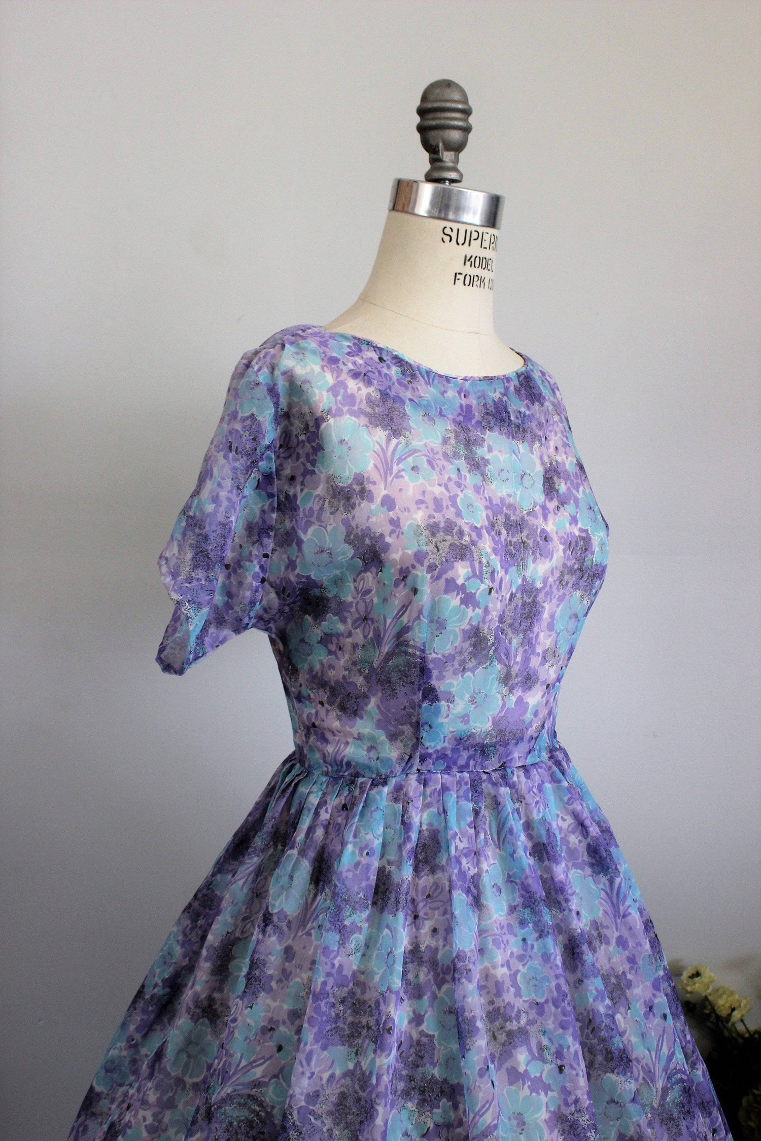 Vintage 1950s Blue and Purple Floral Print New Look Dress, Sheer Nylon ...