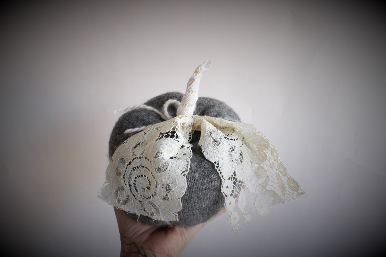 Knit Pumpkin PIllow Pouf in Gray Wool With Ivory Lace Leaves and Stem