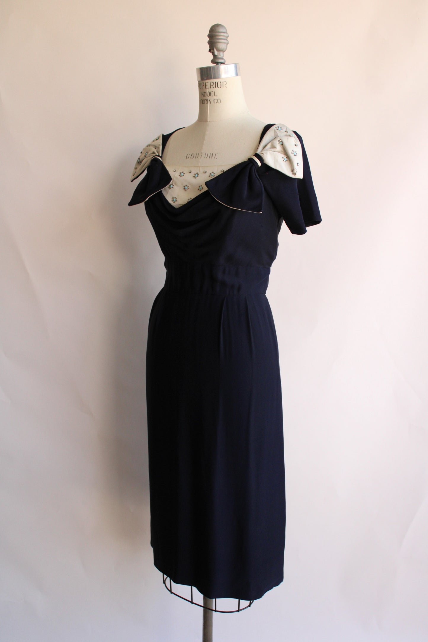 Vintage 1950s Navy Blue Cocktail Dress with Rhinestones