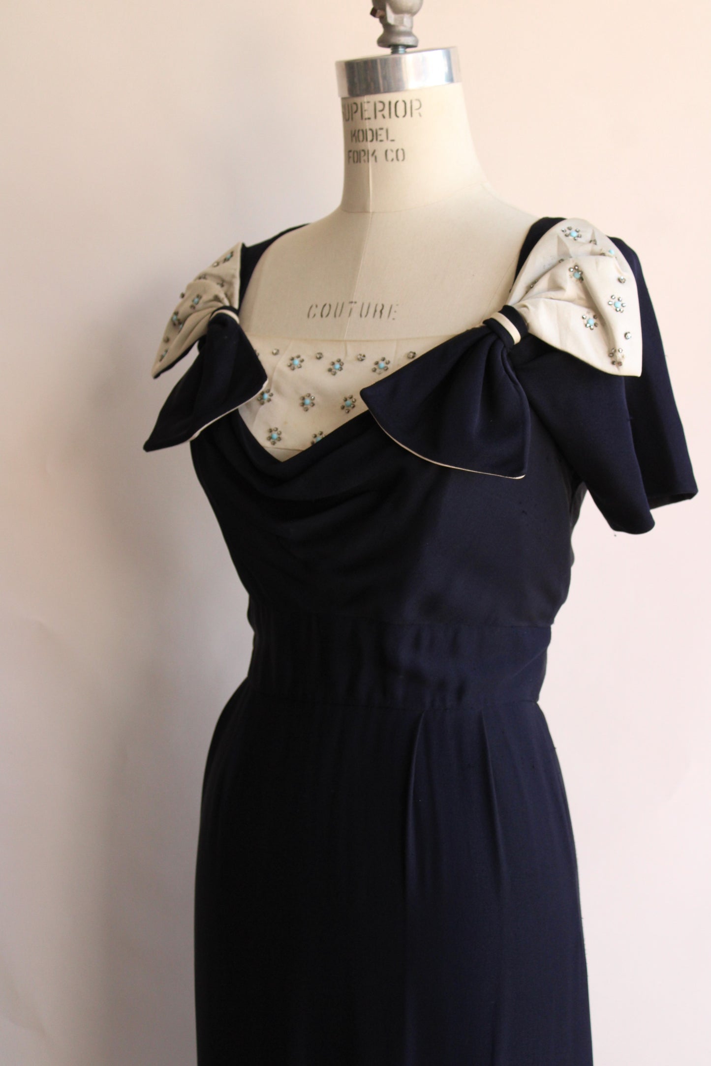 Vintage 1950s Navy Blue Cocktail Dress with Rhinestones