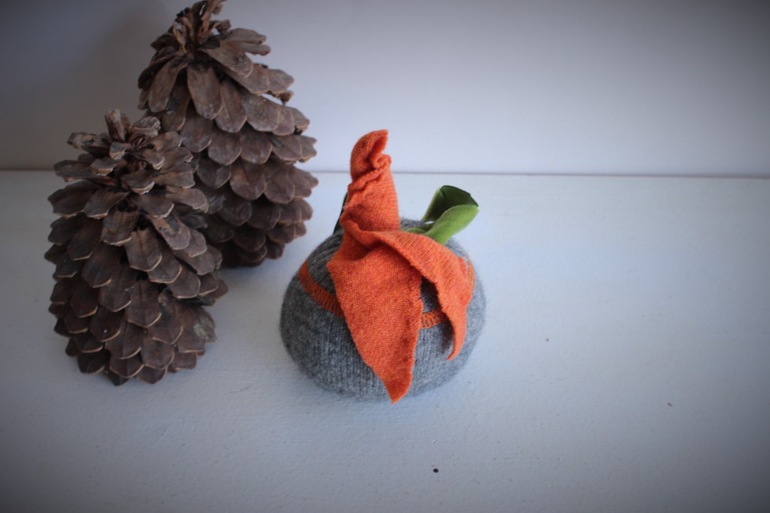 Knit Pumpkin Pillow Pouf in Gray with Orange Leaves and Green Velvet Ribbon