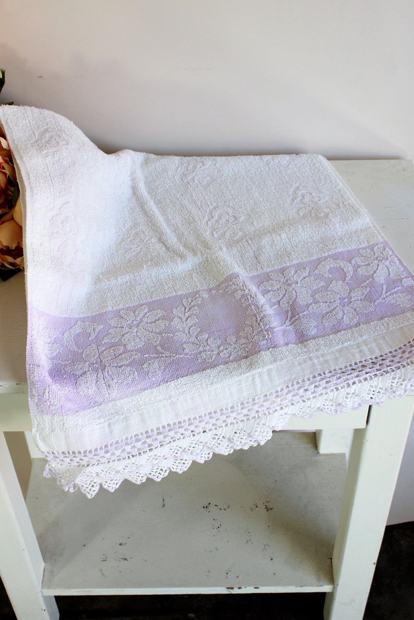 Vintage 1980s Terrycloth Towel With Crochet Lace Trim