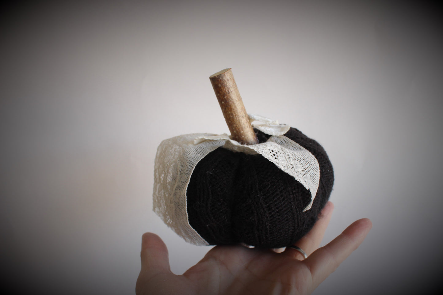 Mini Black Knit Pumpkin Pillow Pouf, With Velvet Leaves, Ivory Lace and Wooden Stem