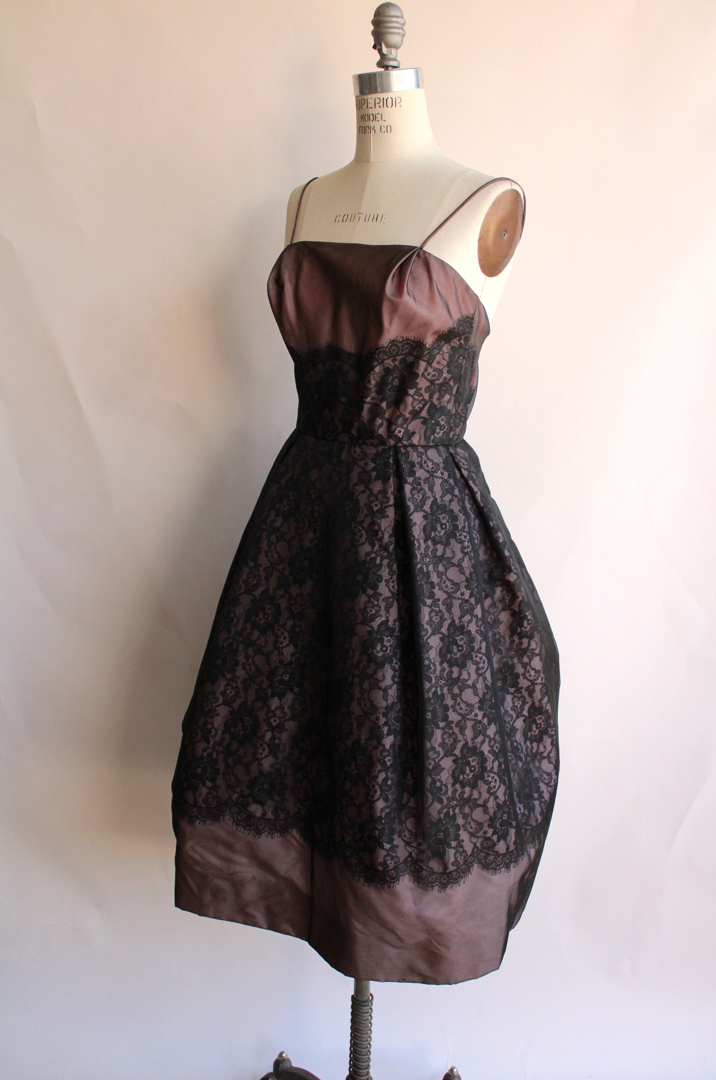 Vintage 1950s I Magnin Black Lace Dress With Pink Lining