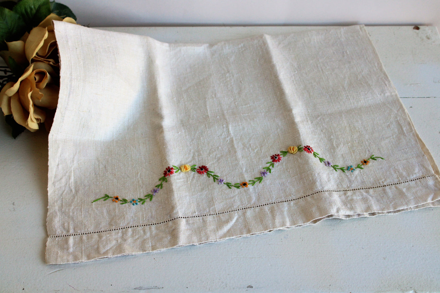 Vintage Beige Linen Tea Towel, Embroidered with Flowers