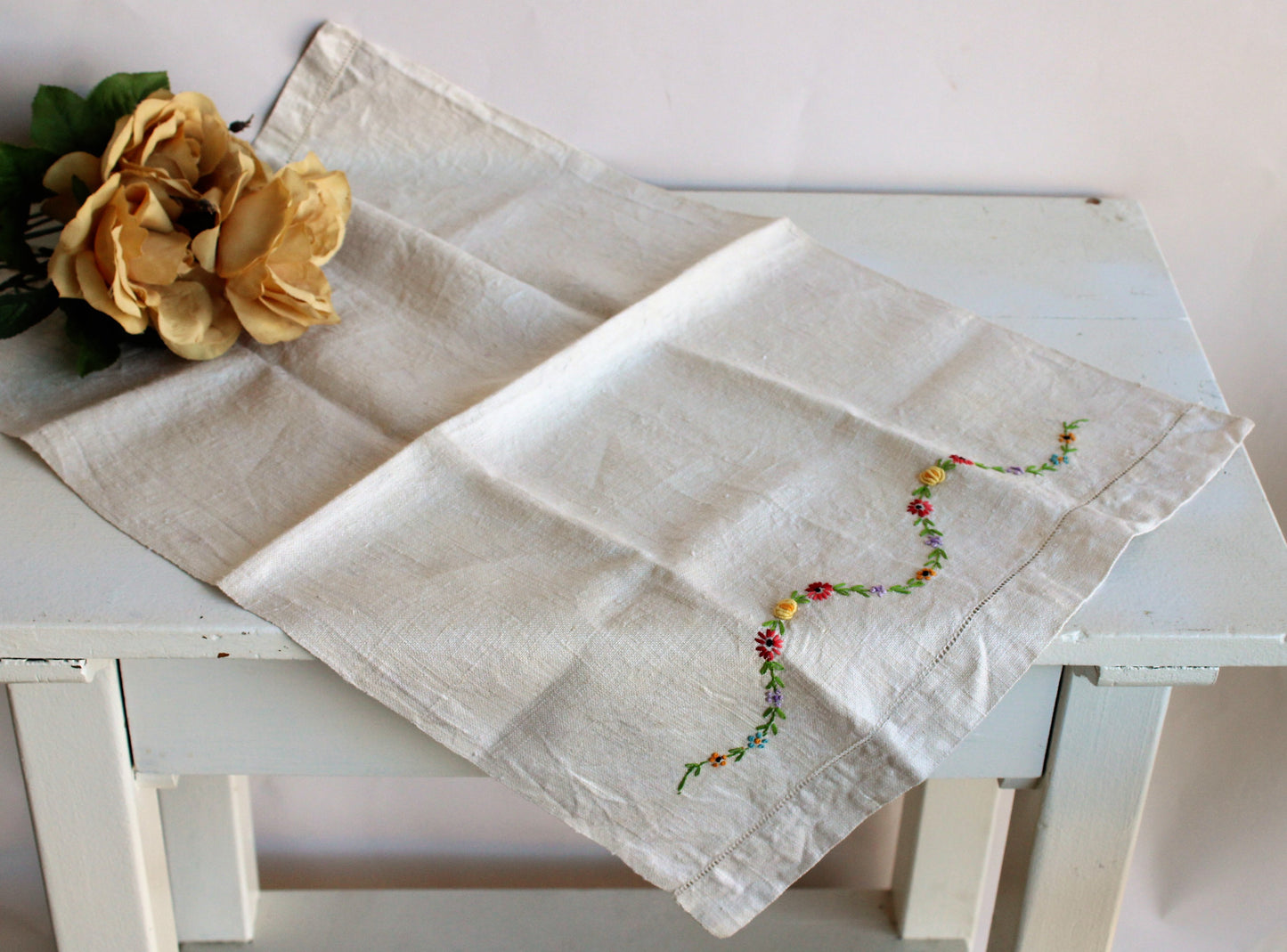 Vintage Beige Linen Tea Towel, Embroidered with Flowers