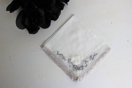 Vintage Handkerchief Cotton and Lace and Embroidered Gray And White 