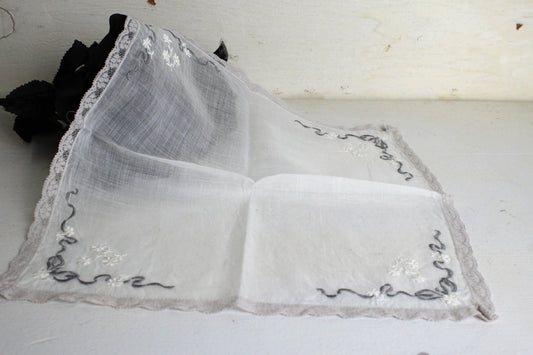 Vintage Handkerchief Cotton and Lace and Embroidered Gray And White 
