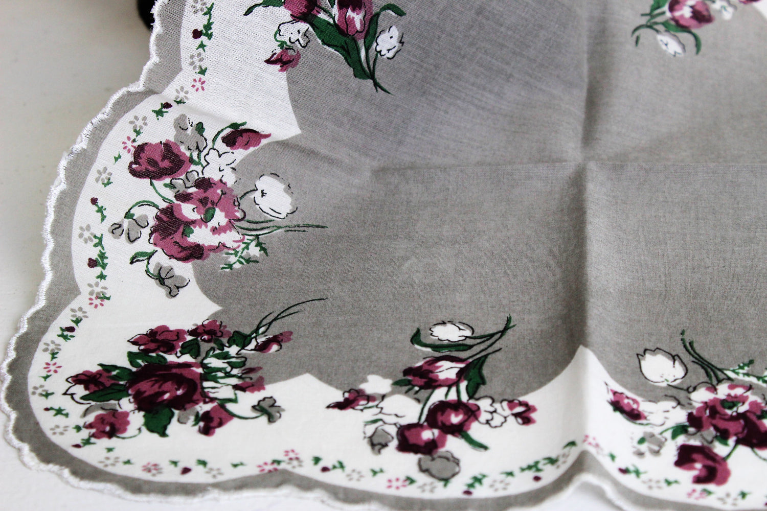 Vintage Handkerchief, Rose Print on Gray,  New Old Stock