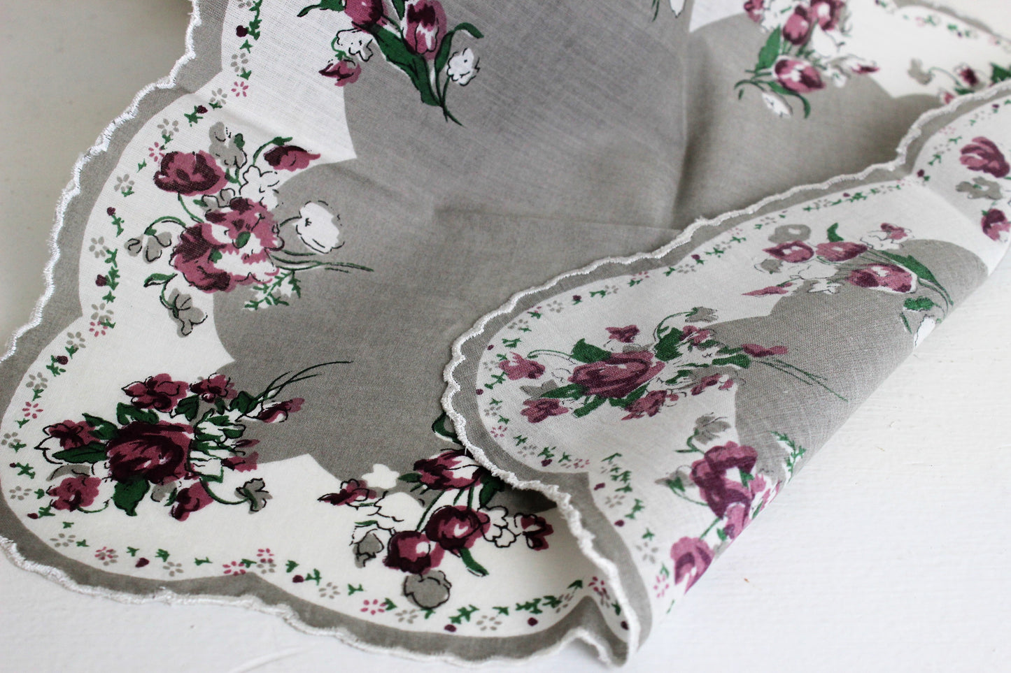 Vintage Handkerchief, Rose Print on Gray,  New Old Stock