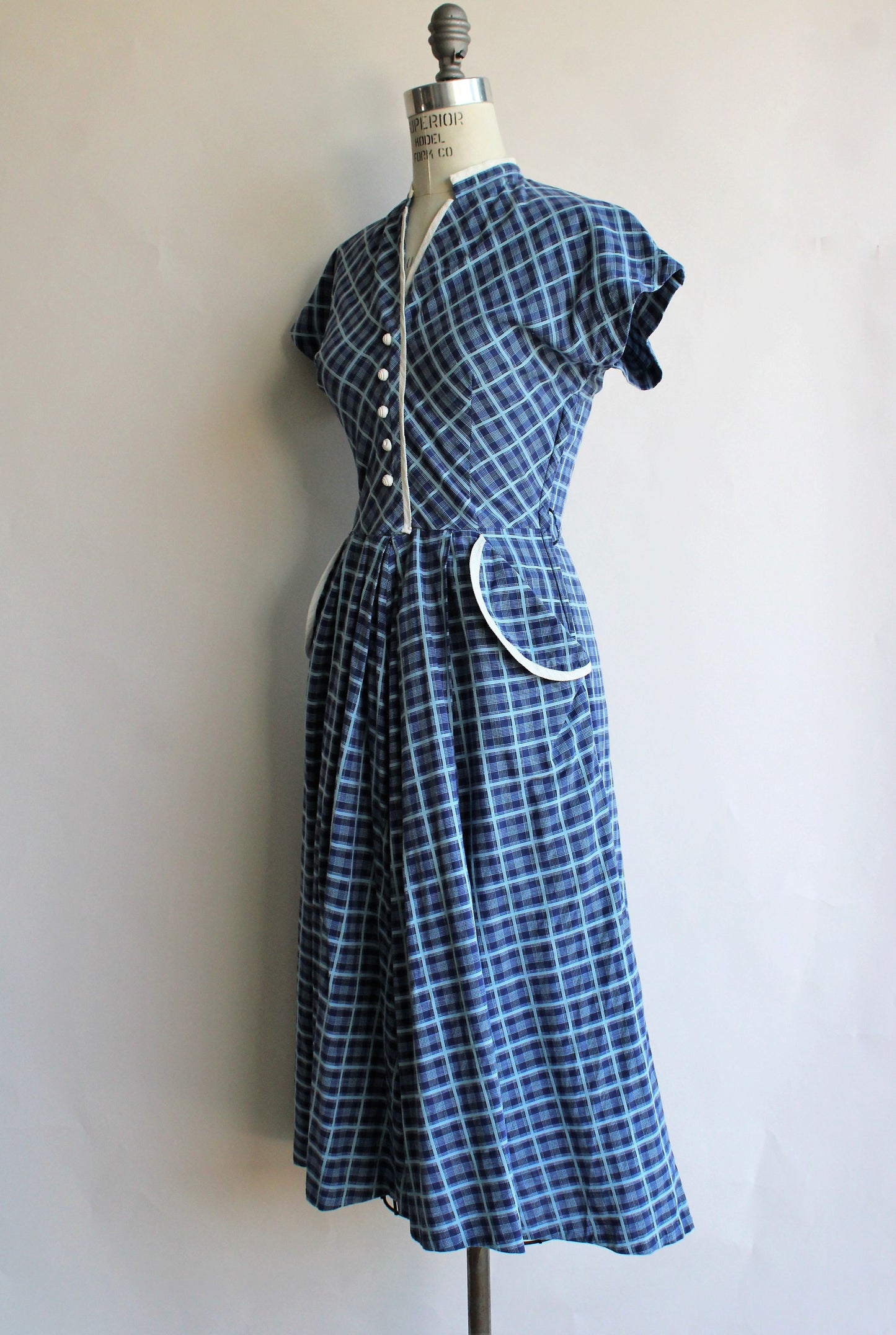 Vintage 1940s Blue Plaid Cotton Day Dress