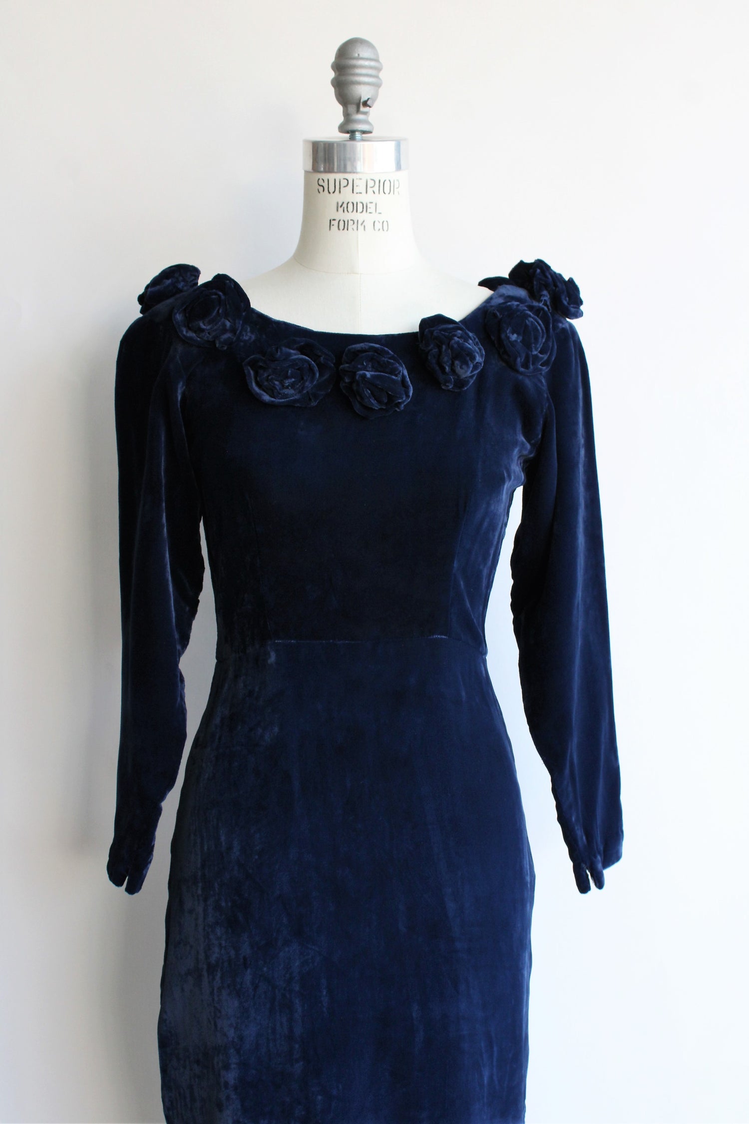Vintage 1950s Style Blue Velvet Wiggle Dress With Rose Trim