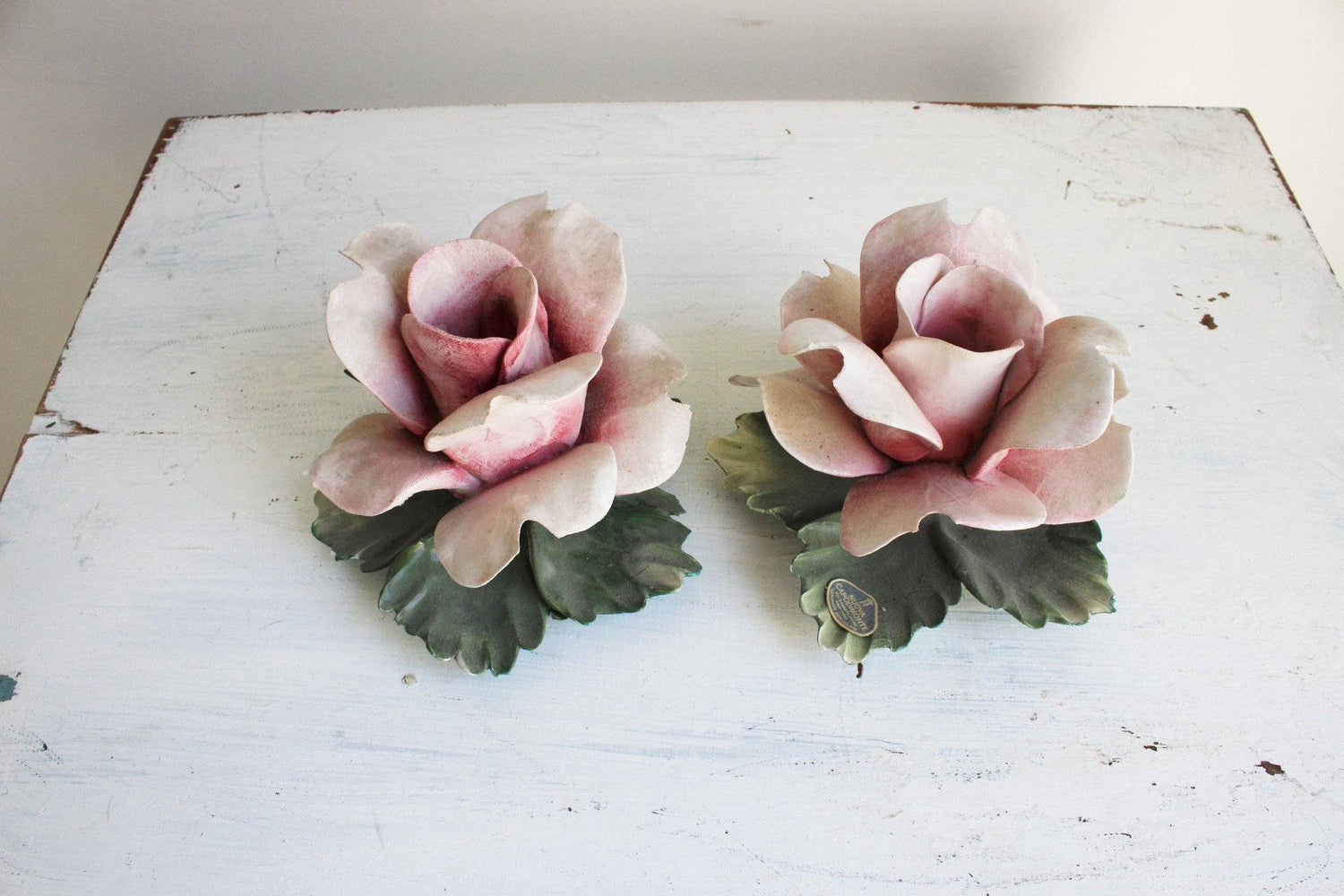 Vintage 1960s Porcelain Rose Candle Holders, Nuova Capodimonte-Mint Chips Vintage Home Goods-Candle Holder,Candleholder,Collectible,Nuova Capodimonte,Pink,Porcelain,Rose,Vintage