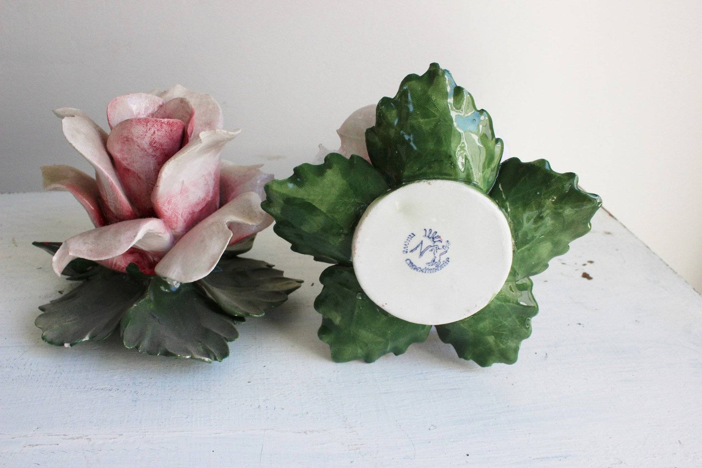Vintage 1960s Porcelain Rose Candle Holders, Nuova Capodimonte-Mint Chips Vintage Home Goods-Candle Holder,Candleholder,Collectible,Nuova Capodimonte,Pink,Porcelain,Rose,Vintage