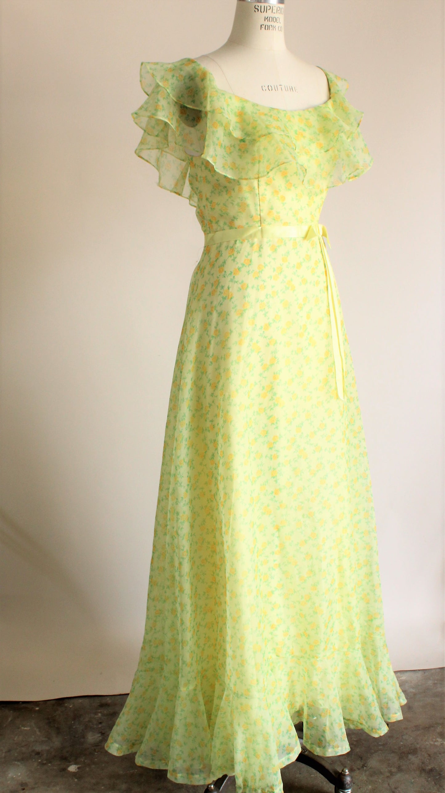 Vintage 1970s Yellow and Green Floral Maxi Dress